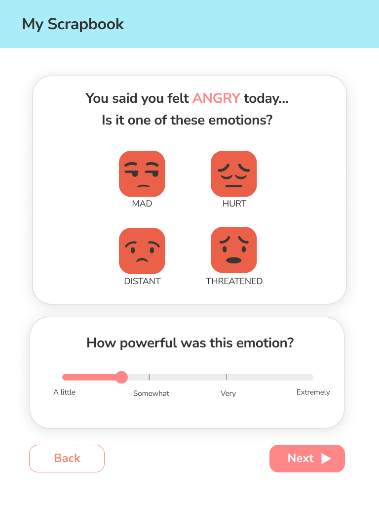 High-fidelity mockup for the sub-emotion selection screen for Scrapbook