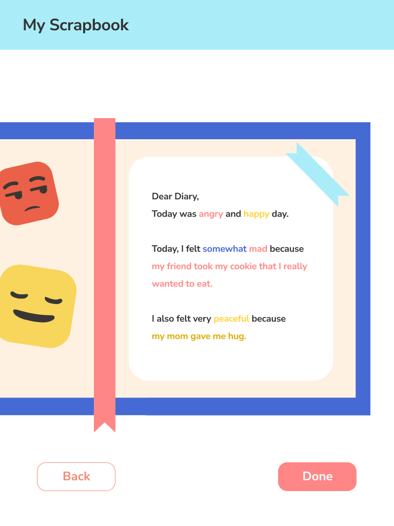 High-fidelity mockup for the finalized diary entry screen for Scrapbook
