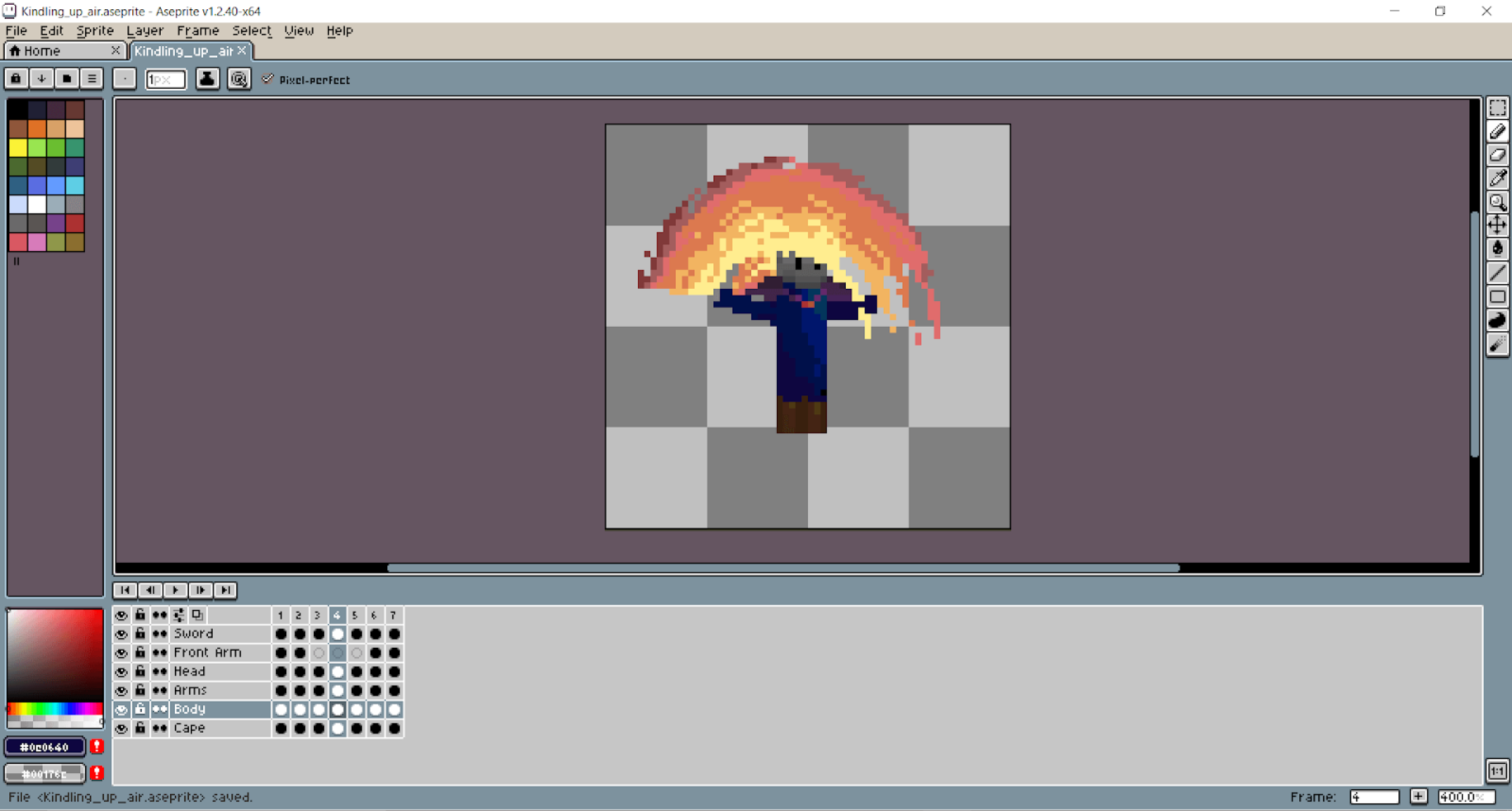 Early version of an active keyframe in the Kindling’s Up Aerial attack animation in Aseprite.