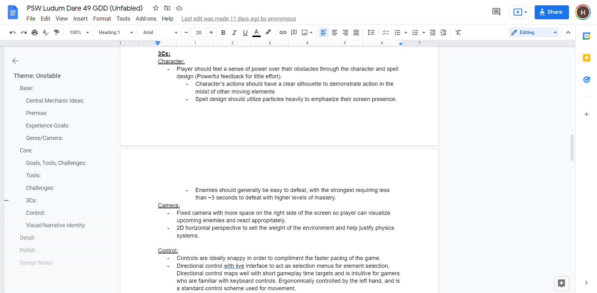 Screenshot showing part of Game Design Document for Unfabled, specifically the 3C section.